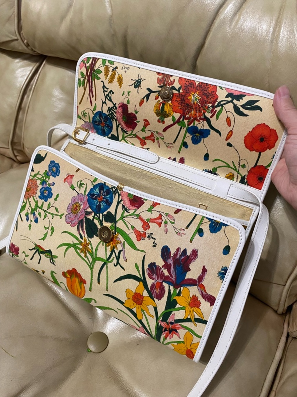 SALE Gucci Large Vintage Flora Shoulder Bag COA Floral Canvas Leather Clutch - Picture 5 of 15